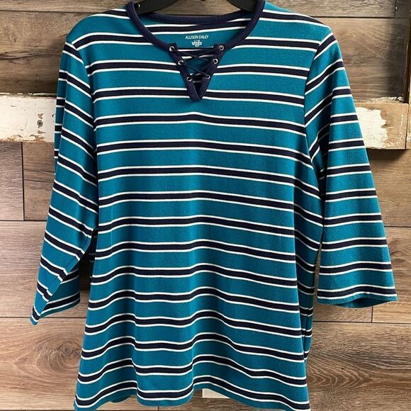 Allison Daley Ladies Pullover Striped Shirt, Size Large, Teal, Black and White - Picture 2 of 4